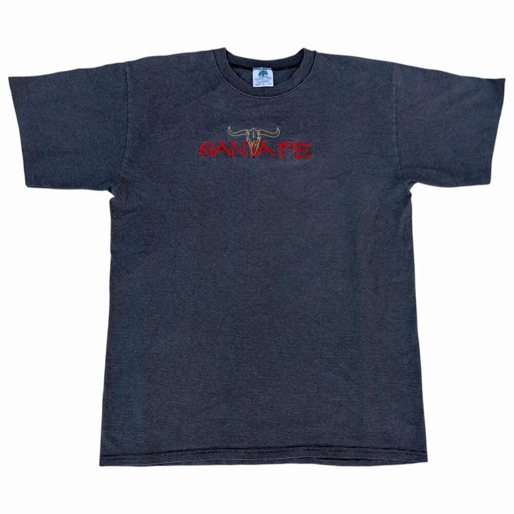 VTG 90’s Santa Fe, New Mexico Longhorn Skull Embroidered Striped T-Shirt USA XL